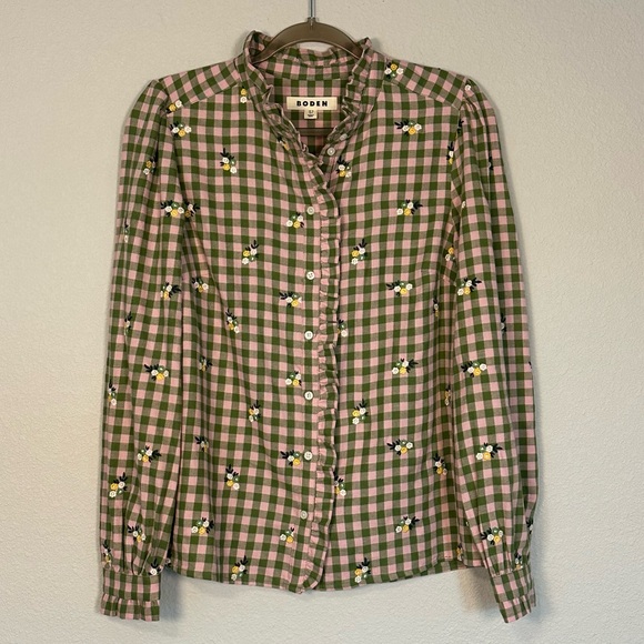 Boden Helena Brushed Cotton Ruffled Gingham and Floral Embroidered Blouse -US 8 - Picture 6 of 11